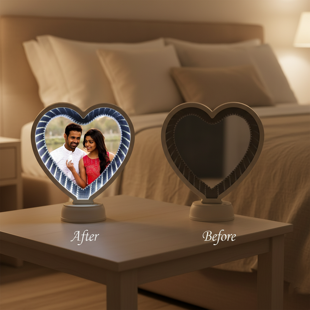 Magic Mirror Heart Photo Frame with LED Lights